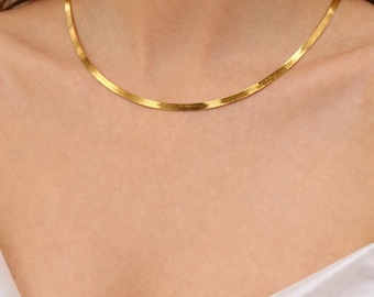 18K Solid Gold Herringbone Necklace – Italian Flat Snake Chain, Real Gold Unisex Jewelry Gift.