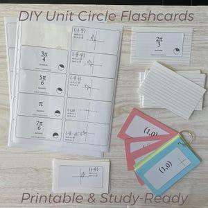 May include: A collection of DIY unit circle flashcards, featuring mathematical diagrams and radian values. The image includes printed sheets, individual cards, and a set of colorful cards on a ring, with the text "Printable & Study-Ready".