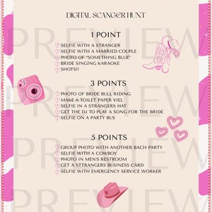May include: A pink and white digital scavenger hunt game card with a cow print border. The card includes a list of tasks for 1, 3, and 5 points, with illustrations of a camera, cowboy boots, and a hat.