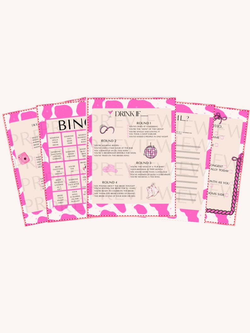 May include: A set of pink and white party game printables. The games include a bingo card, a "Drink If" game, and a "Who Knows the Bride Best" game. The printables have a pink cow print border.