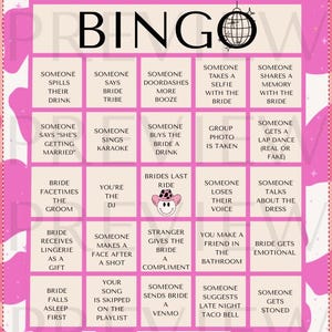 May include: A pink and white BINGO game card with a cow print border. The card features various phrases related to a bachelorette party, such as "Someone takes a selfie with the bride" and "Bride gets emotional."