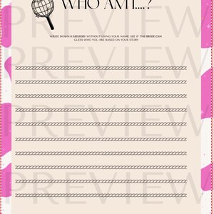 May include: A light beige game sheet with pink cow print border. The text "WHO AM I...?" is at the top, with a magnifying glass graphic. Below, the text reads "WRITE DOWN A MEMORY WITHOUT USING YOUR NAME. SEE IF THE BRIDE CAN GUESS WHO YOU ARE BASED ON YOUR STORY."