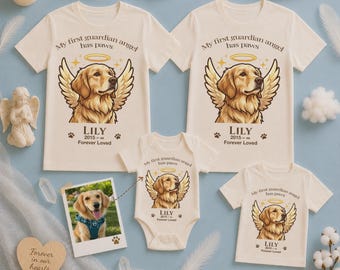 Może przedstawiać: Kremowe koszulki i body z grafiką złotego retrievera anioła. Tekst brzmi "My first guardian angel has paws" i "Lily 2015-Forever Loved." Dołączone jest zdjęcie psa.