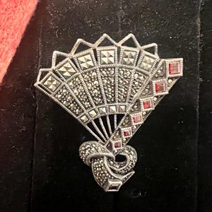 Antique Sterling Silver Fan Brooch | Judith Jack | Marcasite & Onyx Accents