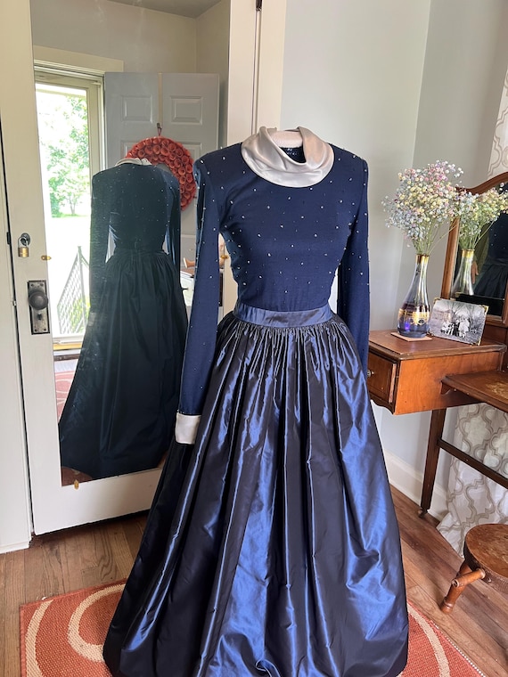 princess polly baby blue dress Archival 1980s Balmain Navy Evening Gown With Satin Accents and Pearl  Embellishments