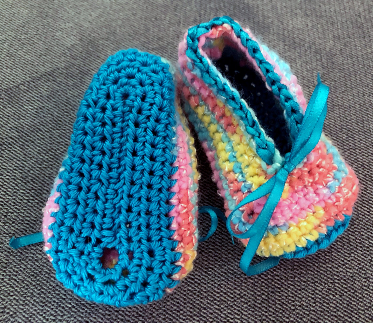 crochet, multi color, rainbow ballet flats, baby slippers, crib shoes, booties, turquoise sole, silk ribbon, christening, baby s crochet, multi color, rainbow ballet flats, baby slippers, crib shoes, booties, turquoise sole, silk ribbon, christening, baby s