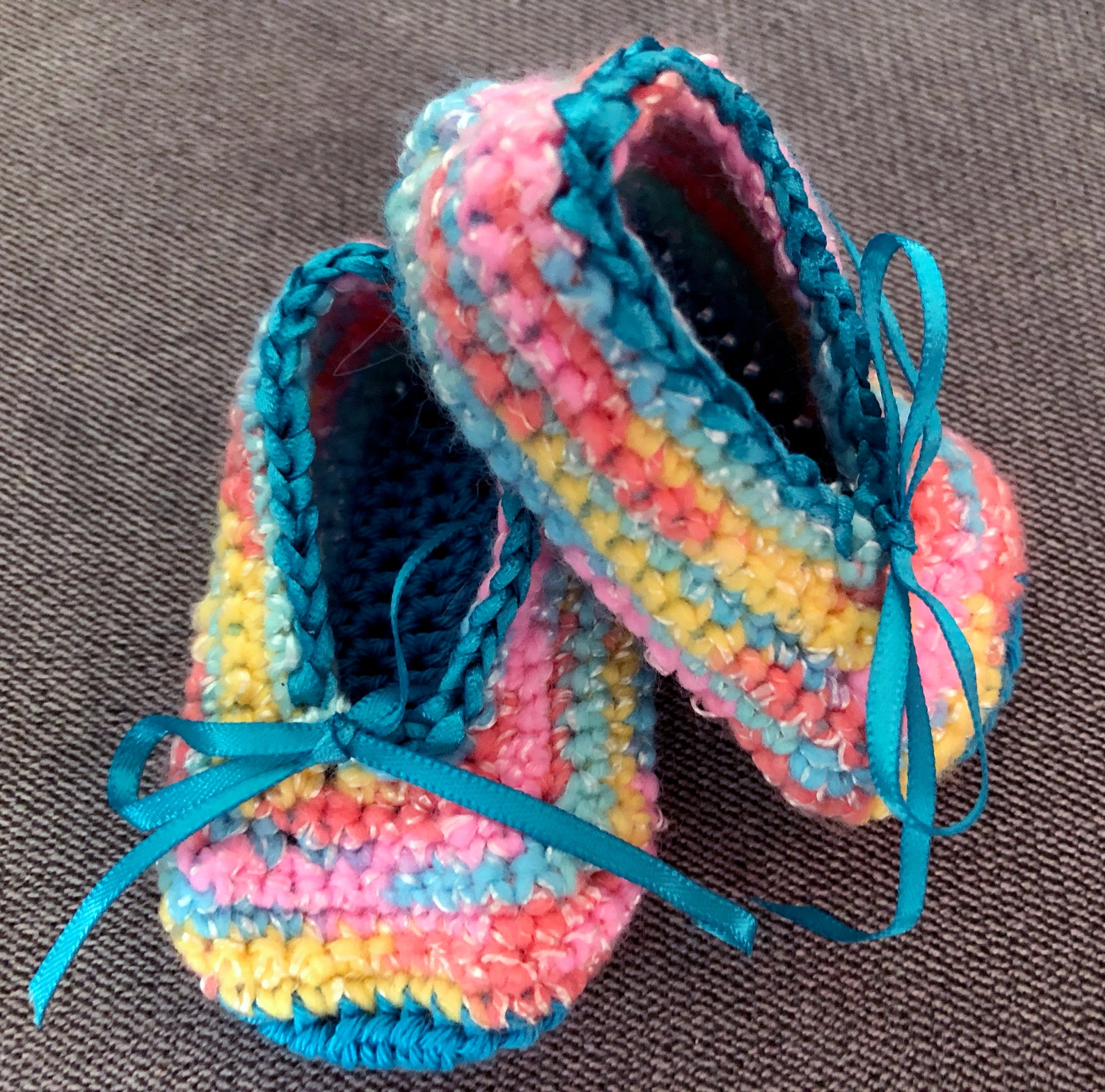 crochet, multi color, rainbow ballet flats, baby slippers, crib shoes, booties, turquoise sole, silk ribbon, christening, baby s crochet, multi color, rainbow ballet flats, baby slippers, crib shoes, booties, turquoise sole, silk ribbon, christening, baby s
