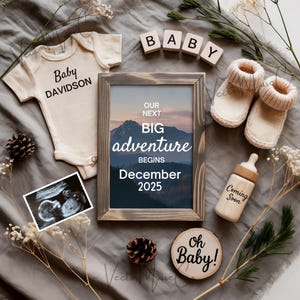 Adventure Pregnancy Announcement Template • Digital Mountain & Camping Baby Reveal • Editable Boho Gender Neutral Social Media Design