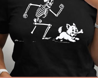 Esqueleto corriendo con perro SVG, Hueso de Halloween PNG, Clipart divertido y espeluznante, Archivo de corte vectorial para Cricut Silhouette