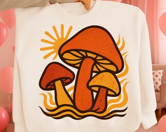 Hongo retro PNG, Hongo solar con estilo, Diseño de sublimación de hongo bohemio de los años 70, Otoño psicodélico, Descarga digital