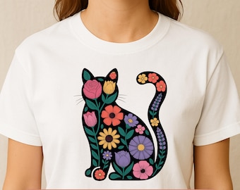 Floral Cat Silhouette PNG, Wildflower Spring Design (Digital Download)