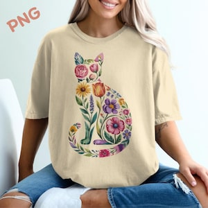 Floral Cat PNG Wildflowers Cat Lover Kitten Png Design Whimsical Boho Cat Design for Sublimation and Crafts Kitty Silhouette with Flowers