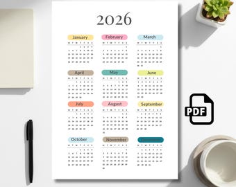 2026 Minimalist Wall Calendar, Printable A3 A4 US Letter (PDF Download)