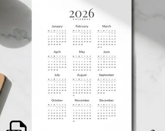 2026 Minimalist Calendar Printable | One-Page Yearly Wall Calendar | A4, A5 US Letter | Sunday & Monday Start | Instant Download