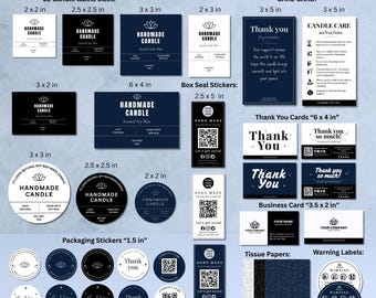 May include: An editable candle packaging kit with various label sizes, box seal stickers, thank you cards, business cards, tissue papers, and warning labels. The kit includes labels in sizes 2x2 in, 2.5x2.5 in, 3x2 in, 3x3 in, and 6x4 in.