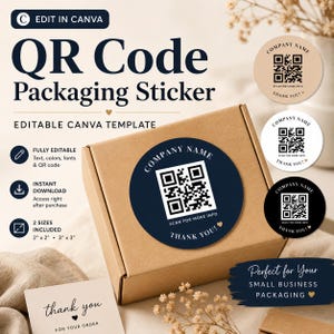 May include: A brown cardboard box with a navy blue QR code sticker. The sticker has the text "Company Name", "Scan for More Info", and "Thank You!". Additional stickers and a thank you card are also visible.