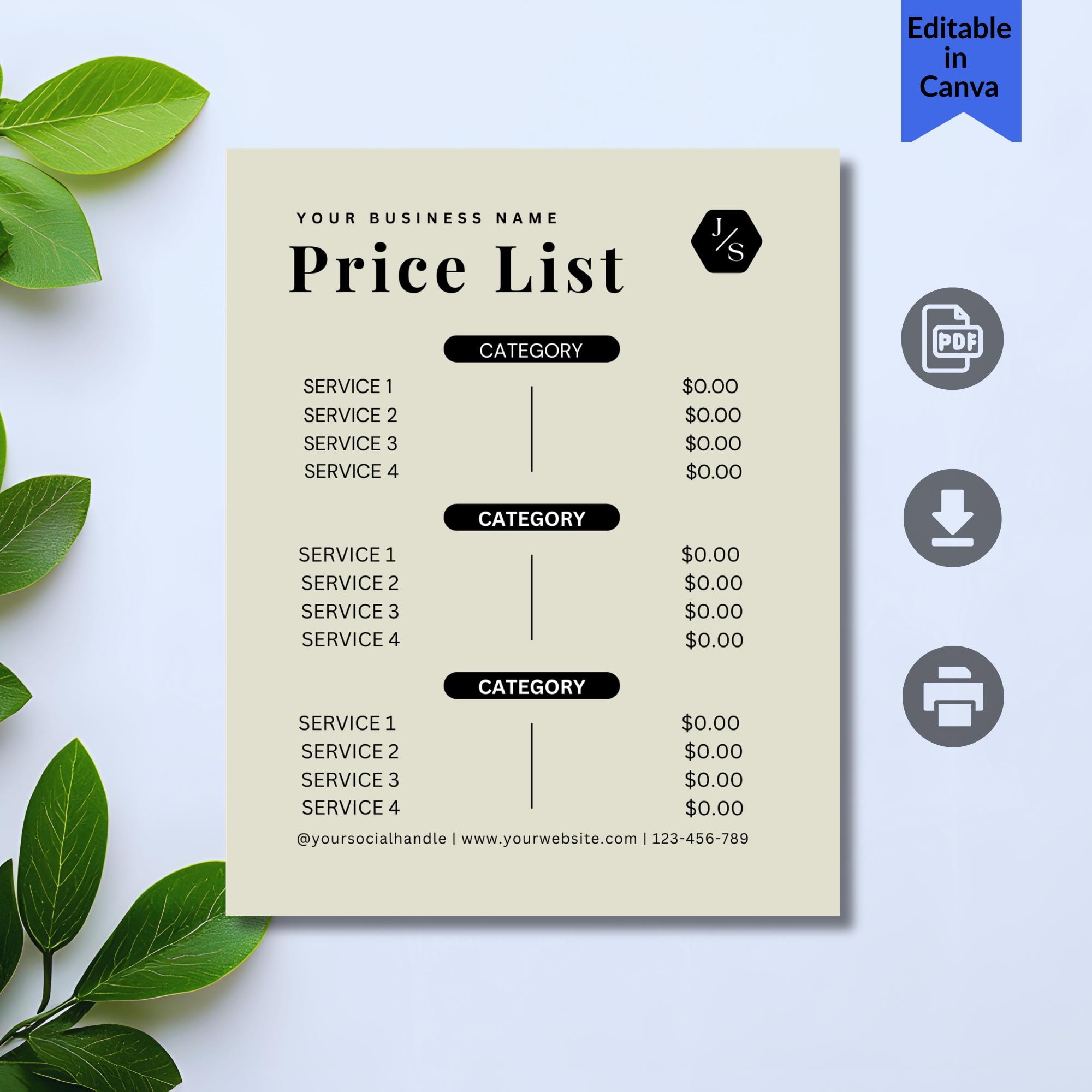 Editable Price List Template, Canva Printable, Small Business (digital ...