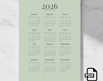 Pode incluir: Um calendário de 2026 com fundo verde claro. O calendário mostra os meses de janeiro a dezembro, com os dias de cada mês dispostos em uma grade. O texto "2026 CALENDAR" está no topo. As palavras "Instant Digital Download" estão na parte inferior.