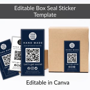 May include: A mockup of a brown cardboard box with a navy blue sticker that says "HAND MADE" and includes a QR code. The sticker also has social media icons and the text "Let's get social". The text "Editable Box Seal Sticker Template" is at the top.