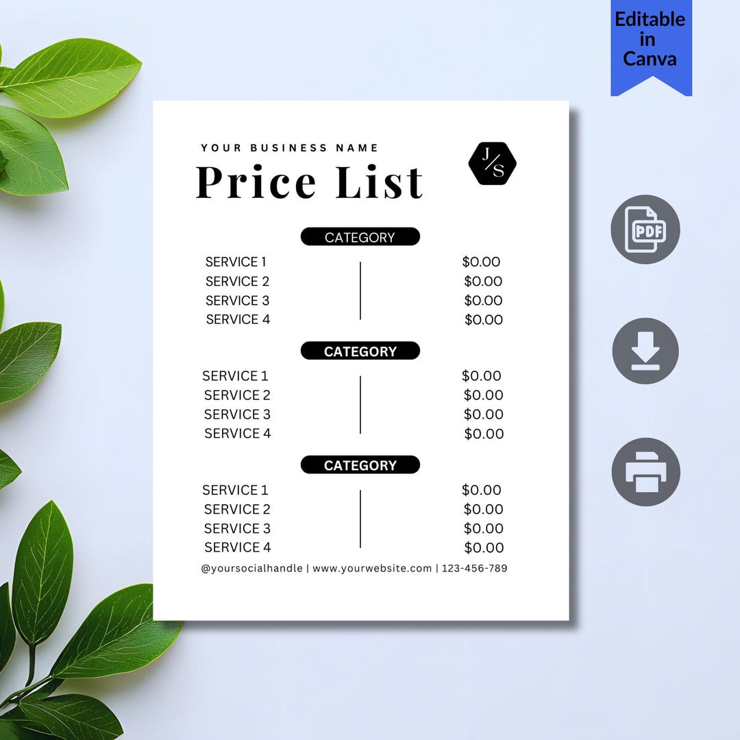 Editable Price List Template, Canva Printable, Small Business (digital ...