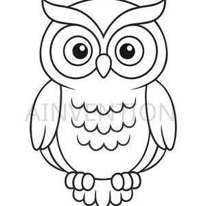 May include: A black and white cartoon illustration of an owl. The owl has large, round eyes, a beak, and a scalloped chest. The word "AINVENTION" is printed on the chest. The owl is a simple, graphic design.