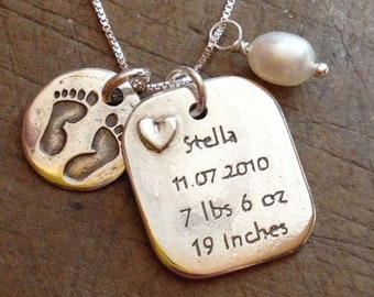 CUSTOM Heirloom -Baby's name, birth date, weight and length in 99% pure silver - Keepsake Fine Silver pendant
