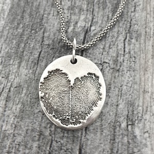 CUSTOM ~ TWO Finger Print NATURAL heart pendant or keychain. 3D finger prints from 2D ink print - fine /sterling silver on sterling chain