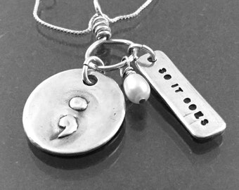 Semicolon / Suicide Awareness fundraiser ~ Silver Pendant with semicolon design, pearl and words