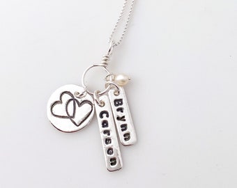 Silver pendant 99% pure "Double Heart" medium disk with 2 NAMES