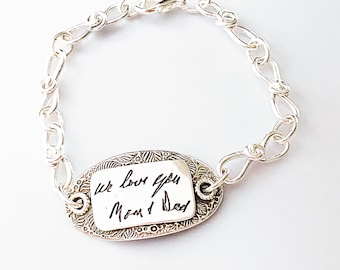 Custom Handwriting HANDMADE heavy silver link bracelet - signature or drawing in 96%silver - on a handmade sterling bracelet