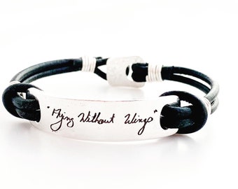 MENS Custom Handwriting bracelet - signature or drawing in 96%silver - handmade clasp, 3mm leather cord