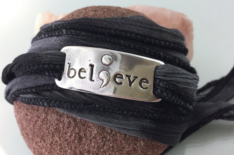 Semicolon / Suicide Awareness fundraiser Sterling Silver bracelet w/fabric wrap BELIEVE semicolon design can be customized. image 2