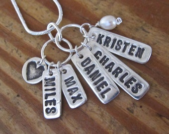 CUSTOM - 5 word/name (two families) charms - Silver hand-stamped pendant made from eco-friendly .999 pure silver metal Art Clay