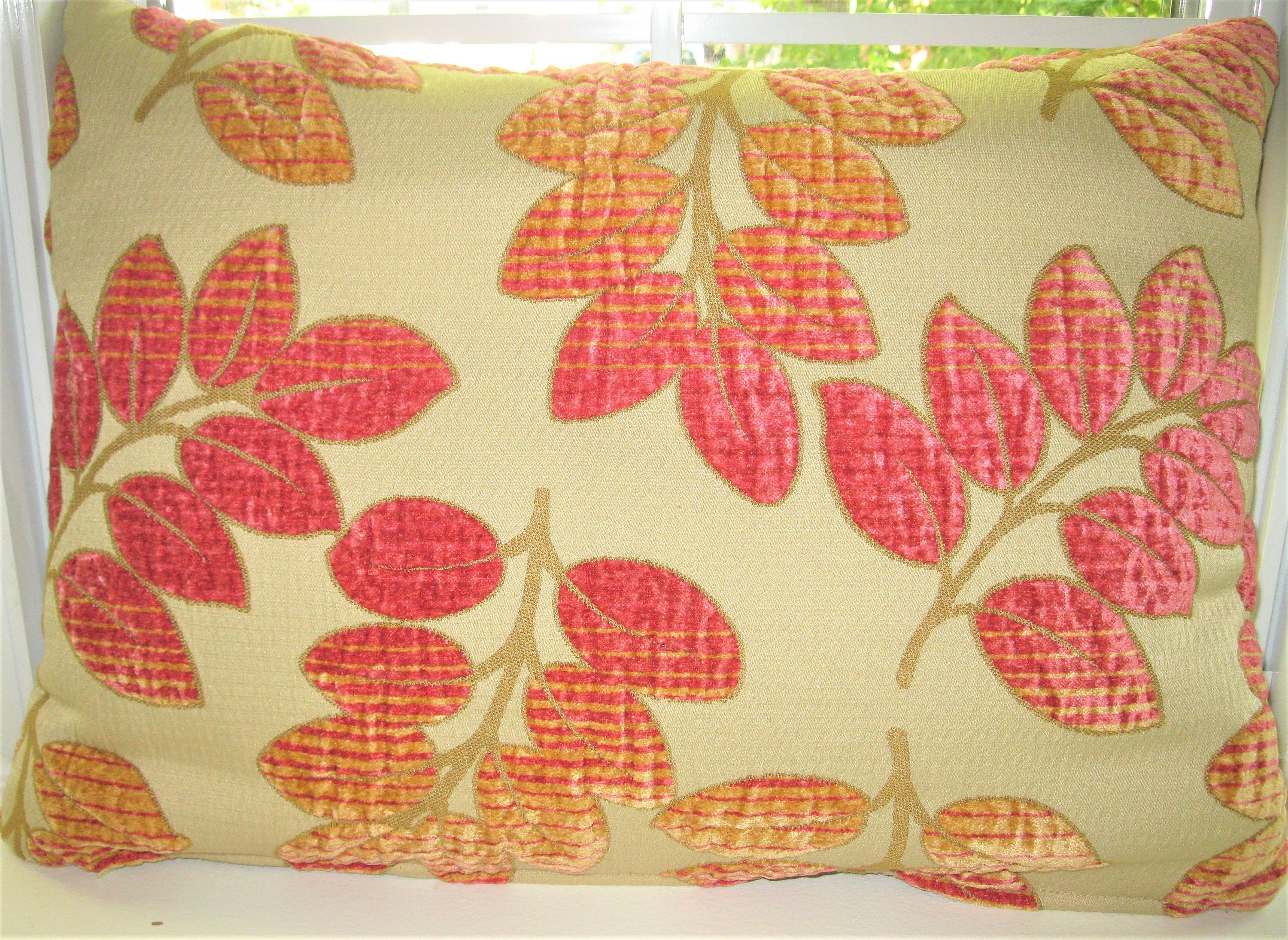Pink Designer Fabric Pillow Cover. Three Dimensional Velvet Foliage