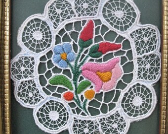 Framed vintage Lace and embroidery. 6 x 7 inches