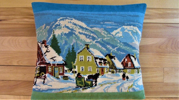 Needlepoint Pillow Cover. Handmade Embroiderey Cushion. Winter Scene. 12 X 14 Inches Etsy
