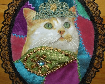 Medallion Cat Portrait. Unique Handmade small Wall hanging 7 x 8.5 inches