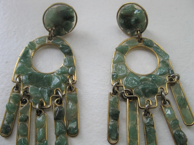 Vintage Boho jewel. Clips Chandelier Green Jade Earrings