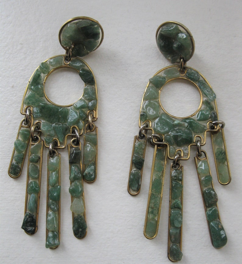 Vintage Boho jewel. Clips Chandelier Green Jade Earrings