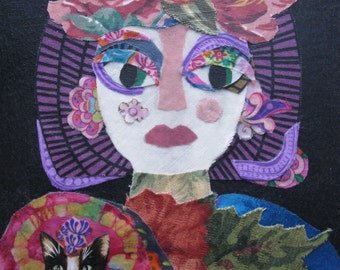 Collage Original Textile Portrait. Wall Art Lady 8x10 inches