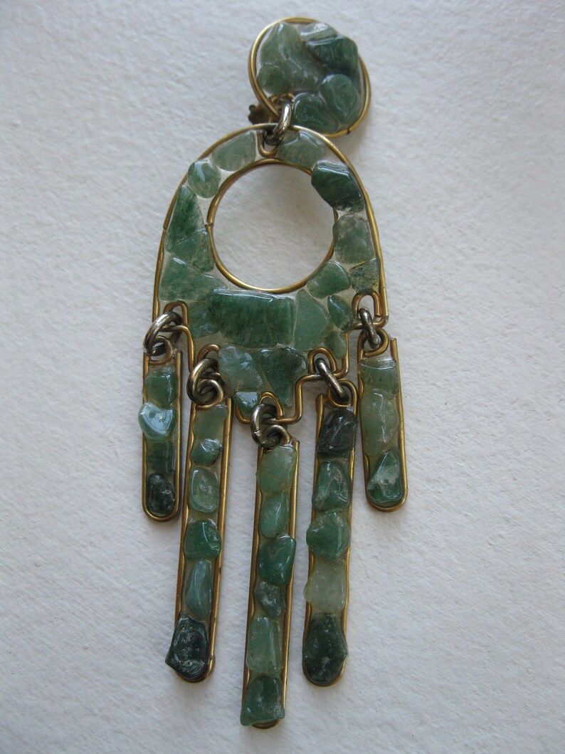 Vintage Boho jewel. Clips Chandelier Green Jade Earrings