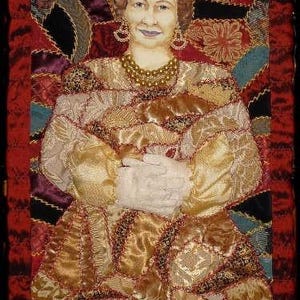 Crazy Quilt,  Wall hanging, Elizabeth 2  Souvenir  , Embroidered Queen  14x22 inches, Fiber Art Portrait