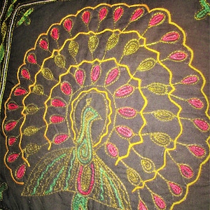 Beautiful Peacock Pillow cover. Hand Embroidered with Pink, green and Gold on Black cotton 17 x 17 inches