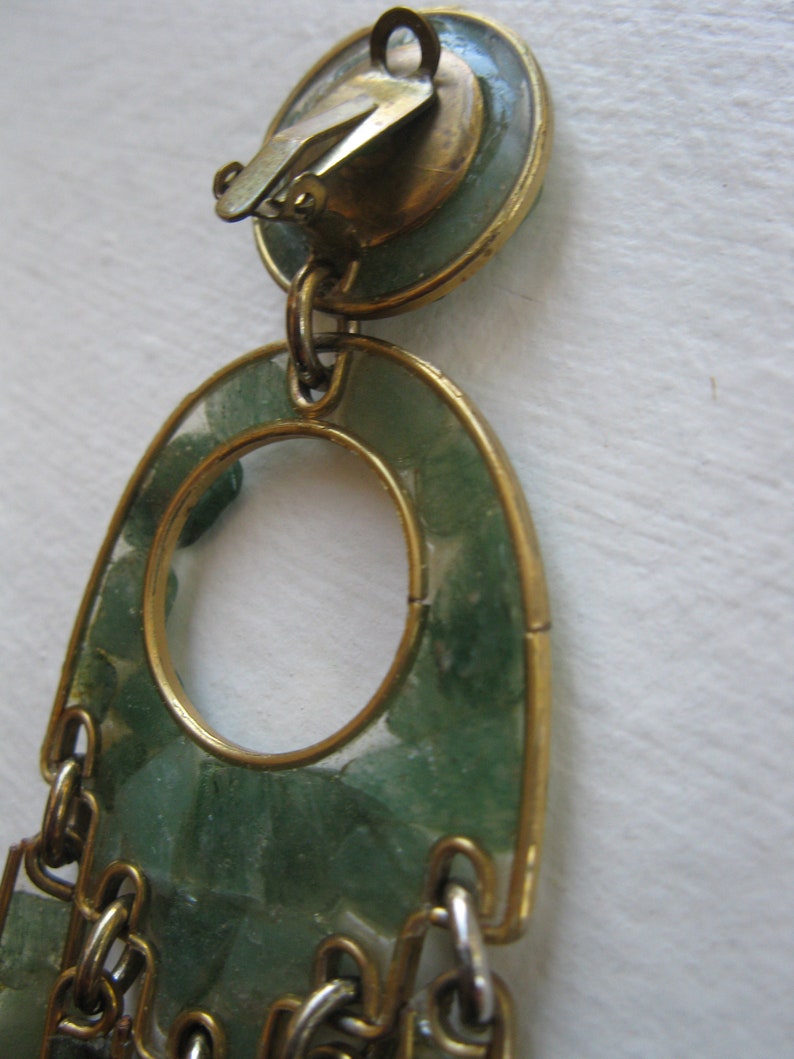 Vintage Boho jewel. Clips Chandelier Green Jade Earrings