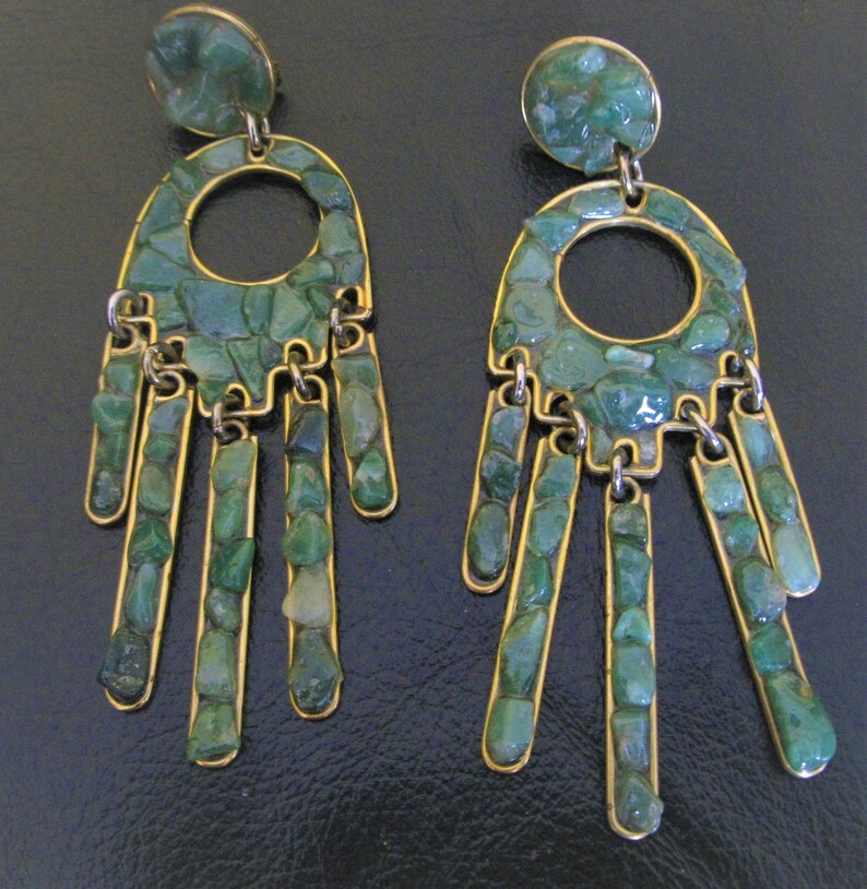 Vintage Boho jewel. Clips Chandelier Green Jade Earrings