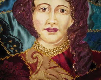 Crazy quilt wall hanging Queen Anne of Great Britain portrait. Handmade 9.5 x 11.5  inches quilt