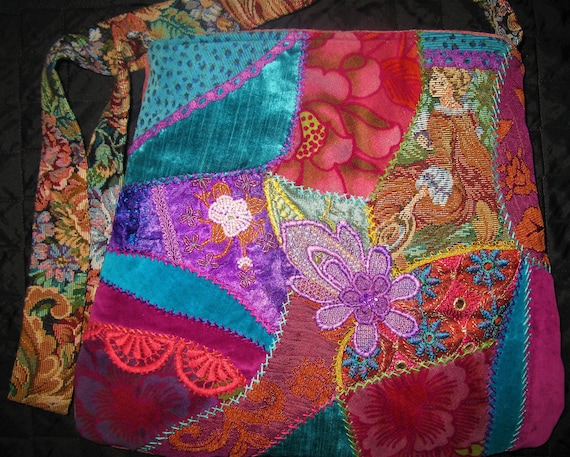 Purple Blue Rose Crazy Quilt Purse . Sac Main Unique En