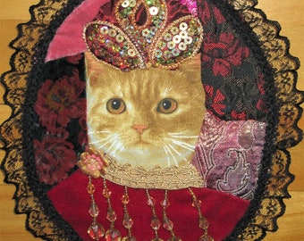 Crazy Quilt  Wallhanging Medallion Cat Portrait Handmade Unique quilt 8 x 9 inches