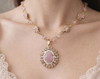 Pink Crystal Pendant Necklace – Elegant Gold Statement Jewelry