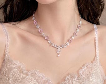 Pink Crystal Bridal Choker Necklace | Coquette Pearl Drop Necklace | Fairycore Rhinestone Choker | Princesscore Jewelry